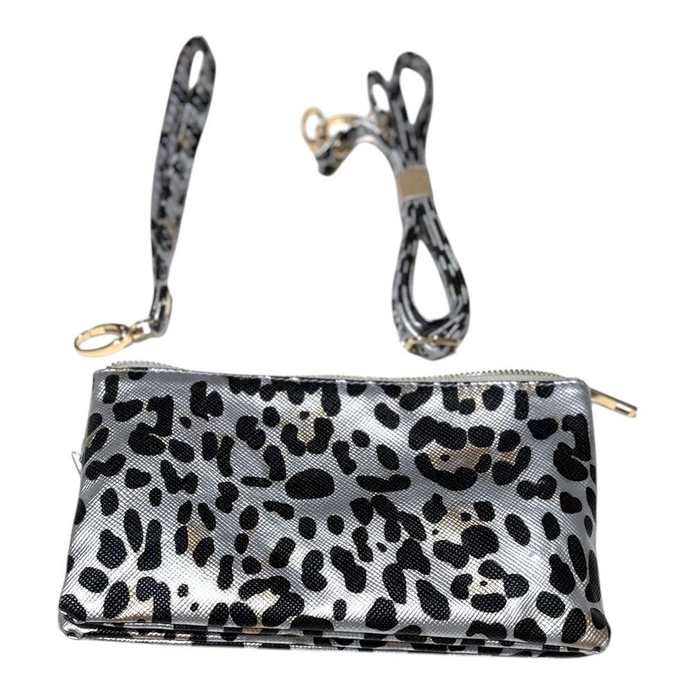 NWT Caroline Hill Silver Leopard Convertible Clutch Wristlet Crossbody Glam Bag